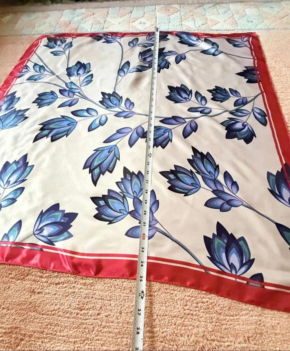 Large Square Floral Scarf Red Blue Ivory 35”
